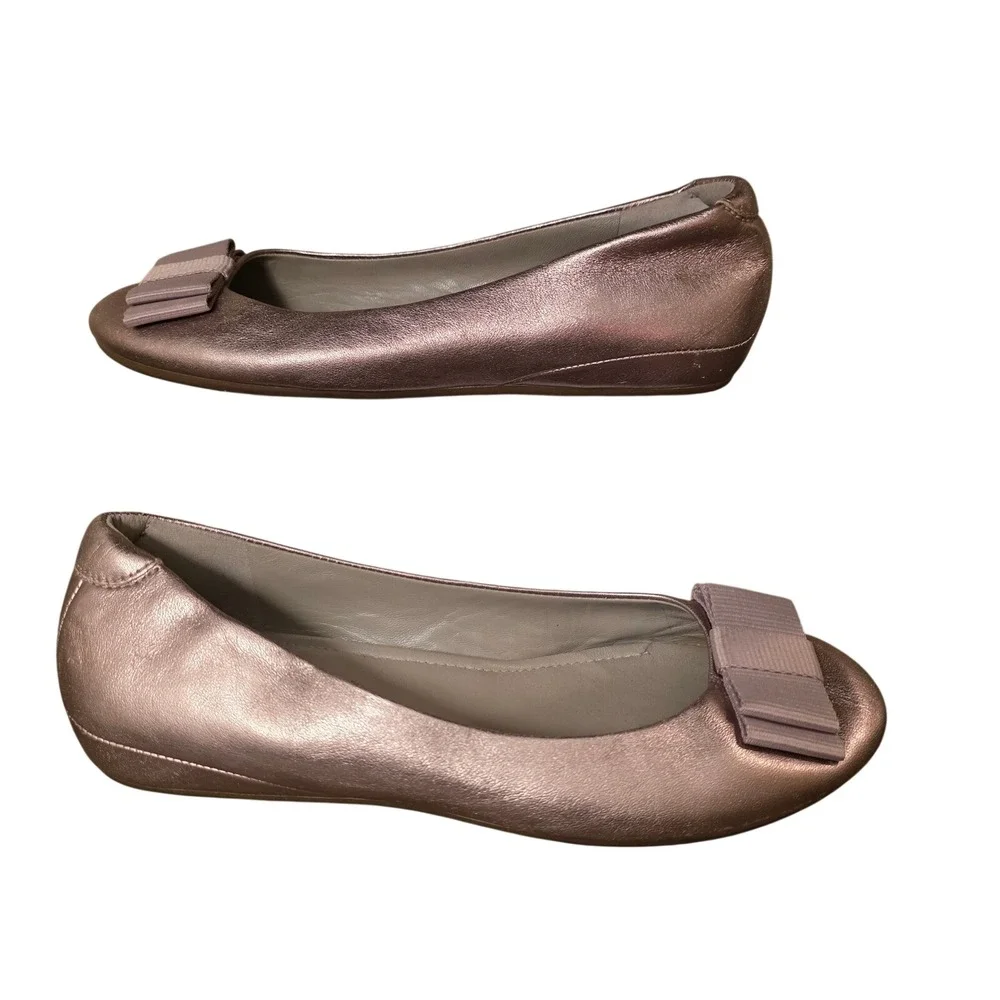 Y2K ECCO Shape Rose Gold‎ Metallic Leather Bow Ballet Flats Womens Size 6.5